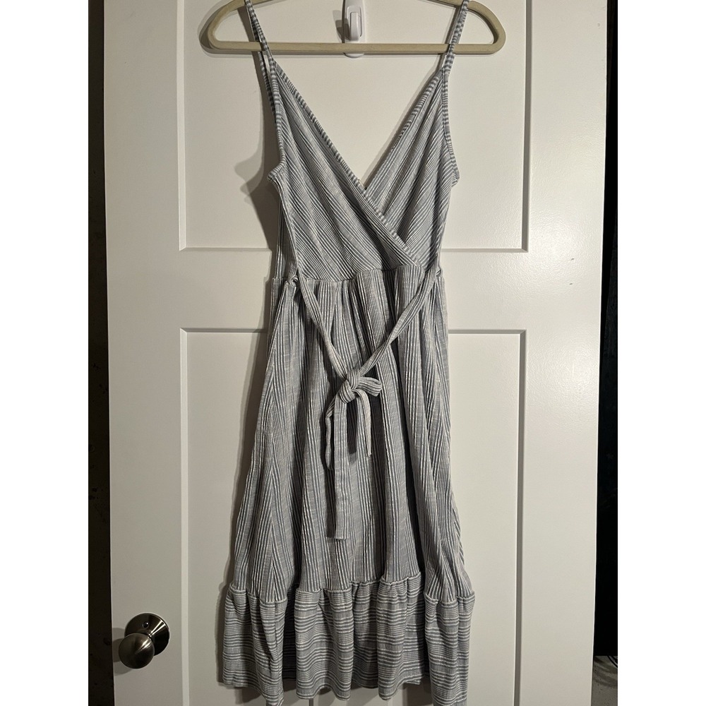 Caution To The Wind Womens Blue White Striped Wrap Midi Dress Tie Waist Ruffle